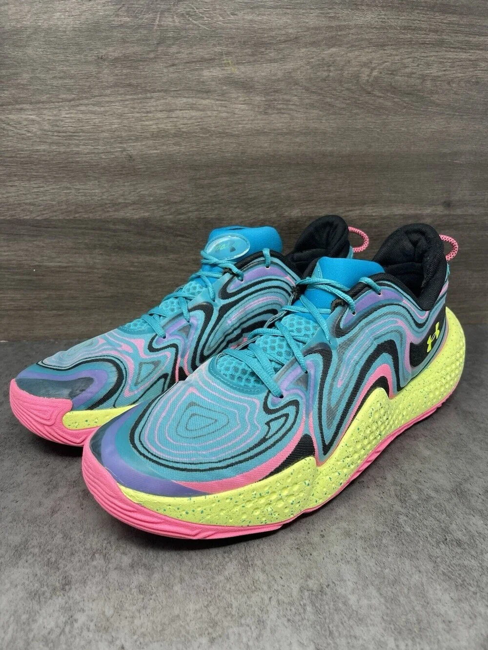Under Armour Spawn 6 Mens Size 15 Blue Pink Volt Basketball Shoes Flow Cushion